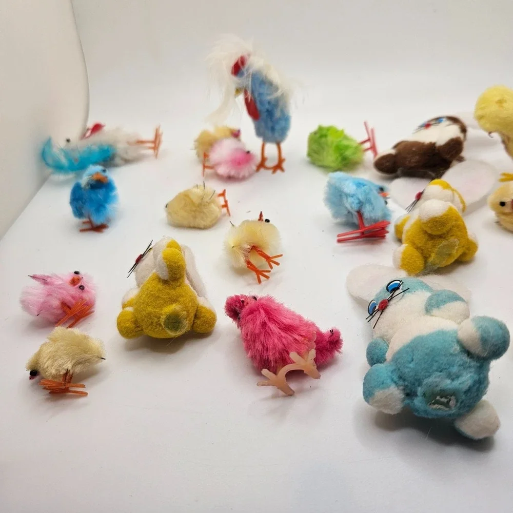 Vintage Flocked Easter Bunny & Chick Lot Feather Chicks Japan Style Spring Decor